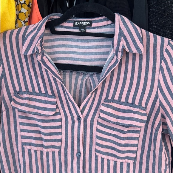 Express Pink and Blue Striped Button-Down Shirt - Picture 3 of 8